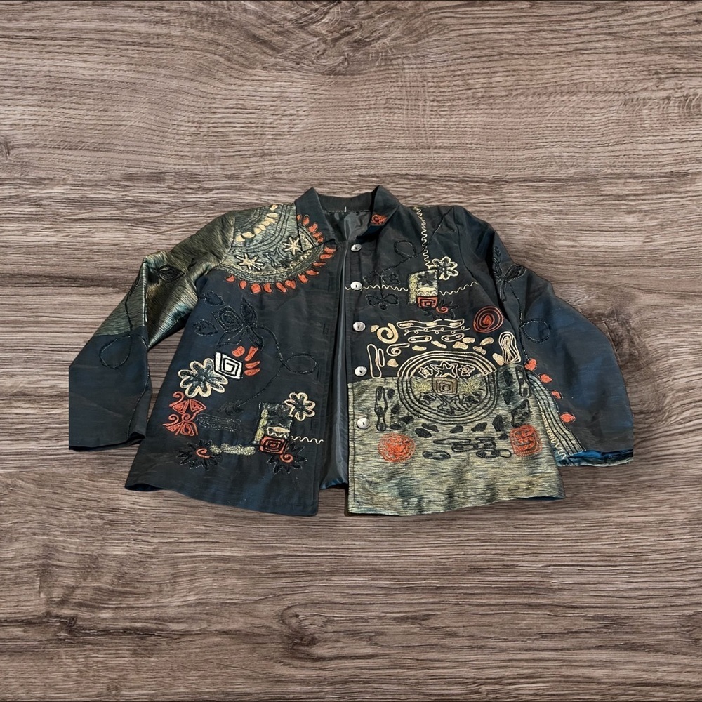 Vtg Chico’s Silk Asian Symbols Embroidered Button Front Jacket Plus Size